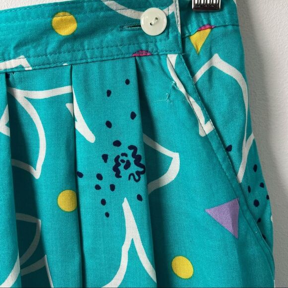 Chaus Vintage 80s Skirt MIDI Teal Vaporwave Polka Dot Flowers Womens Size 8 - Picture 6 of 11